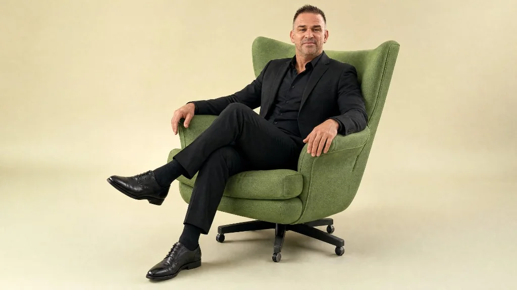 Ben Collins sitting in a green armchair.